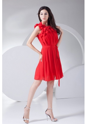 Red Chiffon Prom Gown Knee-length Hand Made Flowers