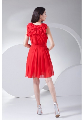 Red Chiffon Prom Gown Knee-length Hand Made Flowers