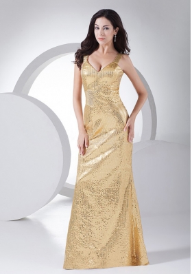 Gold Paillette Over Skirt V-neck 2013 Prom Dress