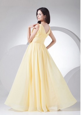 Light Yellow Prom Dress Chiffon Ruching V-neck