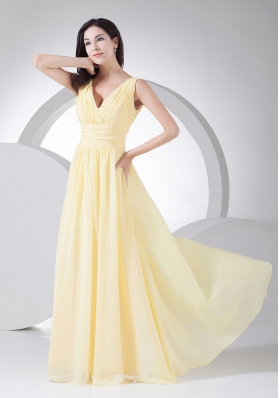 Light Yellow Prom Dress Chiffon Ruching V-neck