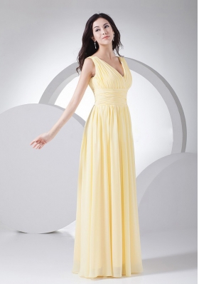 Light Yellow Prom Dress Chiffon Ruching V-neck