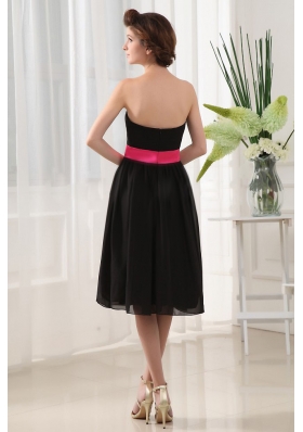 Bridesmaid Dress Ribbons Chiffon Black Tea-length