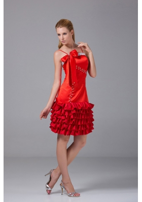 Red Spaghetti Straps Bowknot Prom Dress Riffled Layers