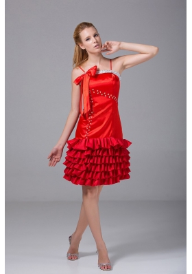 Red Spaghetti Straps Bowknot Prom Dress Riffled Layers