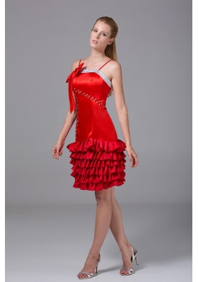 Red Spaghetti Straps Bowknot Prom Dress Riffled Layers