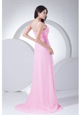 High Slit Pink Chiffon One Shoulder Prom Dress Beading