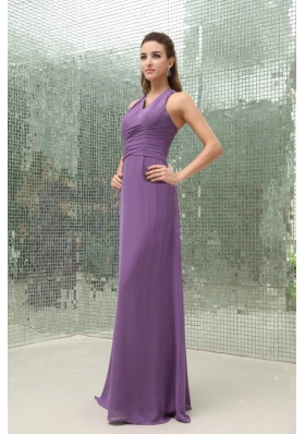 Chiffon Purple V-neck Bridesmaid Dress Ruched Floor-length