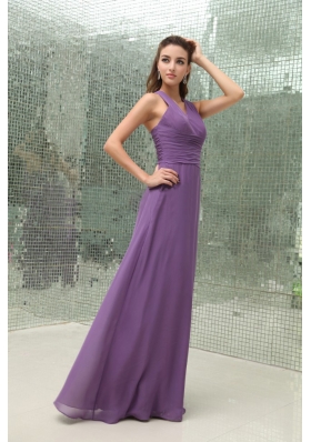 Chiffon Purple V-neck Bridesmaid Dress Ruched Floor-length