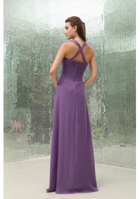 Chiffon Purple V-neck Bridesmaid Dress Ruched Floor-length