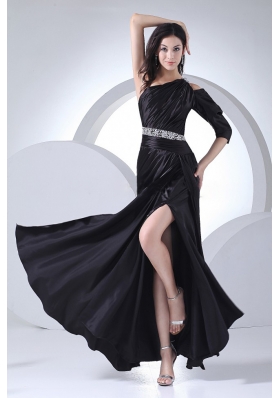 High Slit Prom Gown Black Elastic Woven Satin Ankle-length