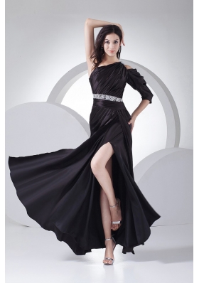 High Slit Prom Gown Black Elastic Woven Satin Ankle-length