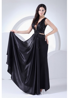 Sexy Prom Dress V-neck Elastic Woven Satin Ankle-length