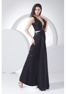 Sexy Prom Dress V-neck Elastic Woven Satin Ankle-length