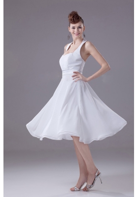 White Halter Bridesmaid Dress Empire Chiffon Tea-length