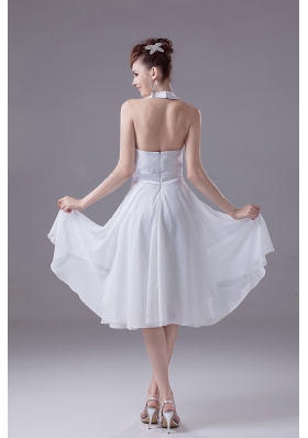 White Halter Bridesmaid Dress Empire Chiffon Tea-length