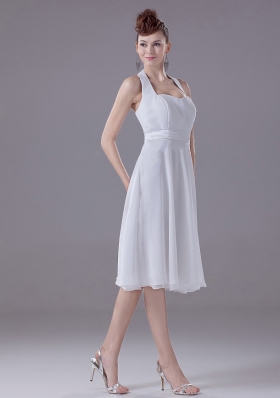 White Halter Bridesmaid Dress Empire Chiffon Tea-length