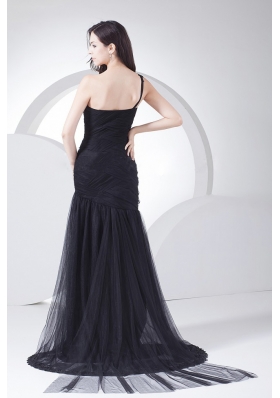 One Shoulder Black Tulle Taffeta Prom Dress Appliques