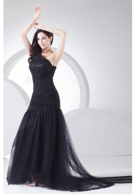 One Shoulder Black Tulle Taffeta Prom Dress Appliques