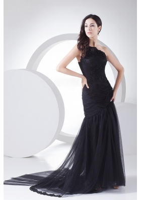 One Shoulder Black Tulle Taffeta Prom Dress Appliques