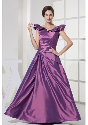 Purple Taffeta V-neck A-line Prom Dress Floor-length