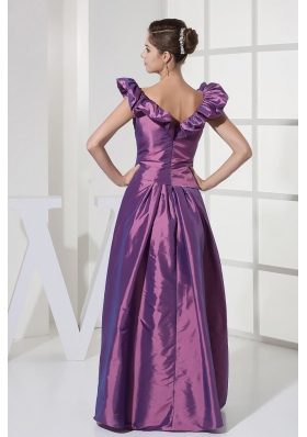 Purple Taffeta V-neck A-line Prom Dress Floor-length