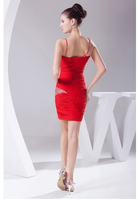 Red Chiffon Spaghetti Straps Prom DressBeading and Ruching