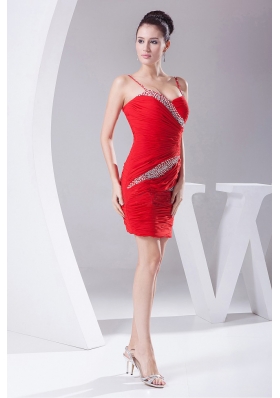 Red Chiffon Spaghetti Straps Prom DressBeading and Ruching