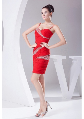 Red Chiffon Spaghetti Straps Prom DressBeading and Ruching