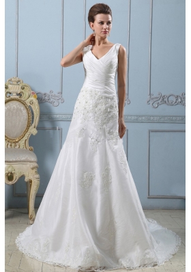 V-neck A-line 2013 Wedding Dress Lace With Ruched Bodice