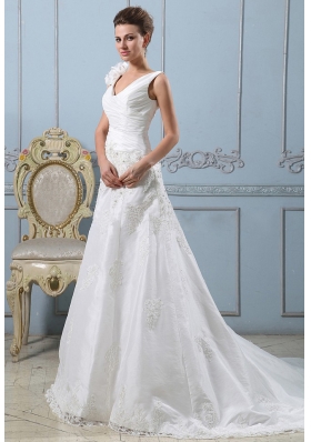 V-neck A-line 2013 Wedding Dress Lace With Ruched Bodice