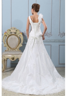 V-neck A-line 2013 Wedding Dress Lace With Ruched Bodice