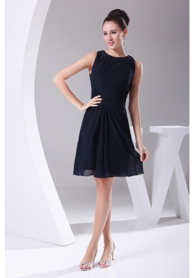 Navy Blue Scoop Prom Gown Chiffon Knee-length Beading