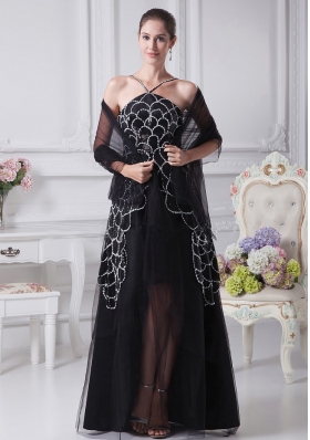 V-neck Black Beaded Decorate Shoulder Tulle Mother Dress