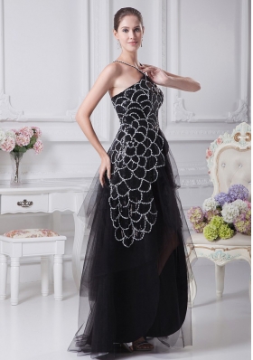 V-neck Black Beaded Decorate Shoulder Tulle Mother Dress