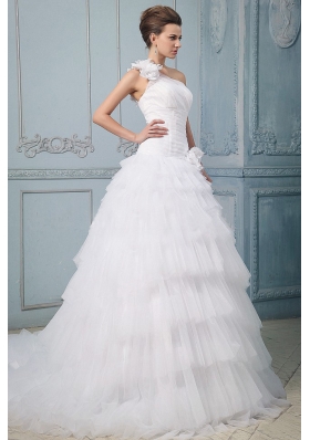 Ruffled Layered One Shoulder Wedding Dress Hand Made Flowers