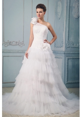 Ruffled Layered One Shoulder Wedding Dress Hand Made Flowers