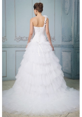 Ruffled Layered One Shoulder Wedding Dress Hand Made Flowers