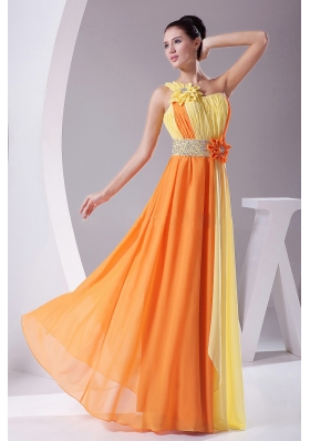 Orange and Yellow Prom Dress Chiffon Beading and Ruching