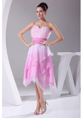 Pink Hand Made Flowers Ombre Asymmetrical Prom Dress
