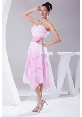 Pink Hand Made Flowers Ombre Asymmetrical Prom Dress