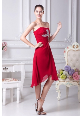 Appliques Decorate Bodice Strapless Chiffon Asymmetrical Wine Red 2013 Prom Dress