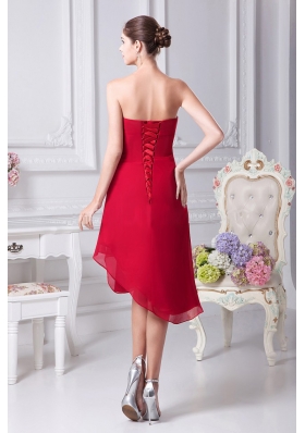 Appliques Decorate Bodice Strapless Chiffon Asymmetrical Wine Red 2013 Prom Dress