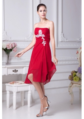 Appliques Decorate Bodice Strapless Chiffon Asymmetrical Wine Red 2013 Prom Dress