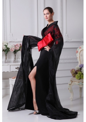 Black Organza High Slit V-neck Brush Train 2013 Prom Dress Long Sleeves