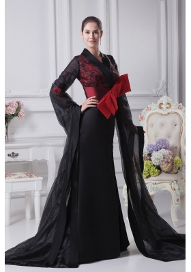 Black Organza High Slit V-neck Brush Train 2013 Prom Dress Long Sleeves