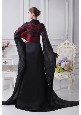 Black Organza High Slit V-neck Brush Train 2013 Prom Dress Long Sleeves