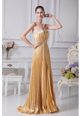 Pleat Over Skirt and Beading For Gold Prom Dress Custom Made