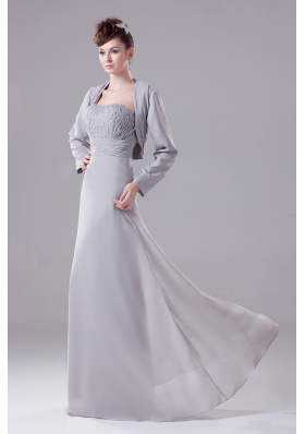 Grey Bridesmaid Dress with Jacket Beaded Decorate Chiffon