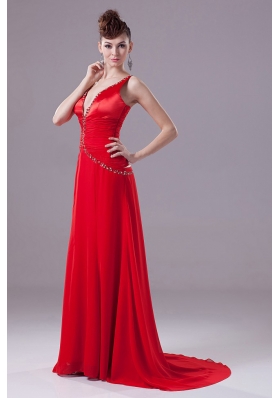 Brush Train Sexy Red Prom Formal Dress Beading V-neck